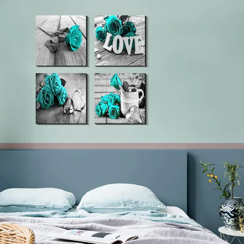 Miniatura 5 de Arte de pared de flores de rosa turquesa y verde azulado para el baño, decoración de pared floral turquesa, señal de amor en blanco y negro, Rosa