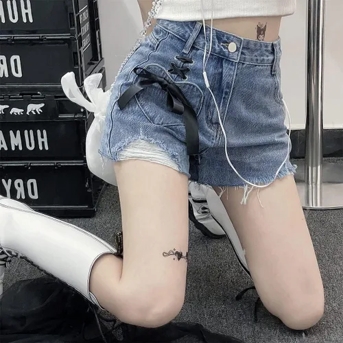Miniatura 2 de ZLMuMulin Y2K Harajuku Style Kawaii Pastel Gothic Fashion High Waist Wide Leg Vintage Ribbon Ripped Jeans Shorts