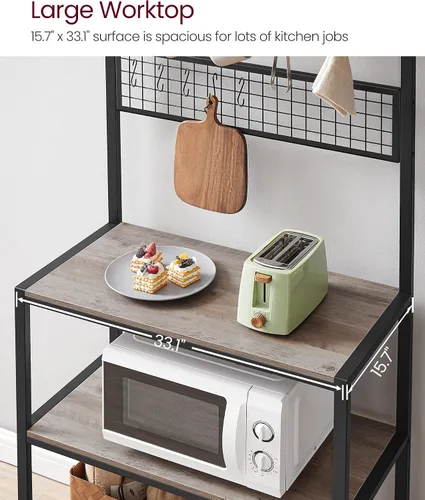 Miniatura 6 de VASAGLE Almacenamiento de cocina, estante para panaderos, barra de café, estante de 3 niveles, 6 ganchos en S, para microondas, tarros de especias