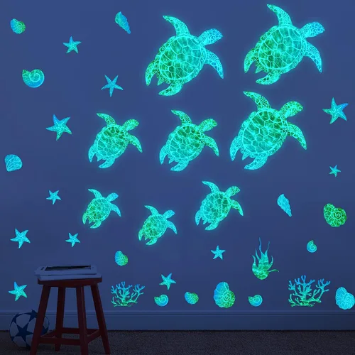 Miniatura 8 de Desert Camel Calcomanías de pared de tortuga marina que brillan en la oscuridad, vinilo para decoración de baño, para niños, dormitorio, guardería