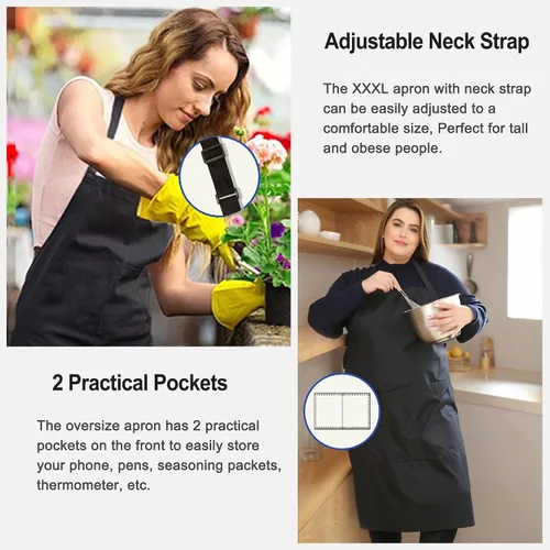 Miniatura 5 de Paquete de 2 delantales de talla grande, delantales de chef grandes negros con 2 bolsillos para hombres y mujeres, camarera, delantal de trabajo