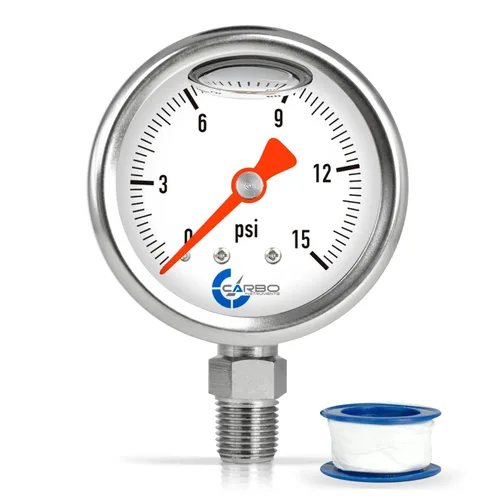 Medidor de presión de combustible de 1-1/2", carcasa de acero inoxidable 304, conexión de latón cromado, relleno de glicerina, 0-15 psi, precisión