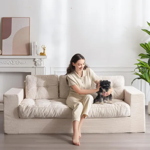 Miniatura 14 de MAXYOYO Sofá de 3 Plazas sin Estructura, Sofá Moderno Acolchado para Sala de Estar, Sillón Suave Tipo Puf de Espuma de Alta Densidad con Almohadas