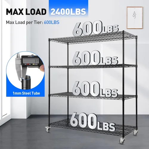 Miniatura 5 de Rengue Estantería de alambre de 4 niveles con ruedas, estantes de almacenamiento de metal de 60 x 24 x 72 pulgadas, estantes de almacenamiento