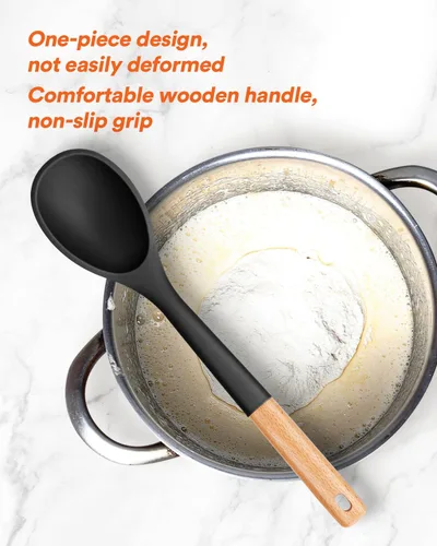 Miniatura 3 de Cucharas de cocina grandes de silicona, cuchara antiadherente con mango de madera maciza, cucharas de cocina de silicona resistentes al calor