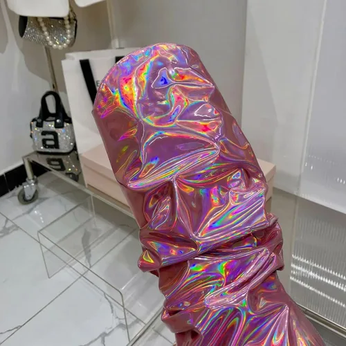 Miniatura 10 de Vertundy Botas altas hasta la rodilla metálicas con punta puntiaguda para mujer, botas altas de tacón alto de charol plisadas, botas largas plisadas