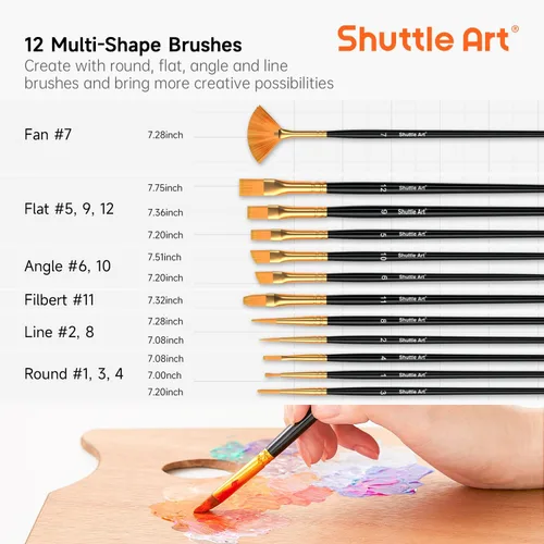 Miniatura 9 de Juego de pintura acrílica de 72 piezas, Shuttle Art 60 colores de pintura acrílica incluyendo blanco extra, negro y 12 pinceles, 2 oz/60 ml, Regular