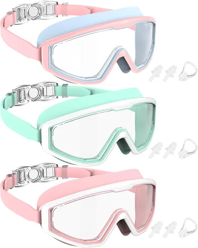 Miniatura 17 de NSSIW Gafas de natación para niños, antiniebla, sin fugas, con clip para la nariz, tapones para los oídos para niñas, niños y jóvenes, 6-14, paquete