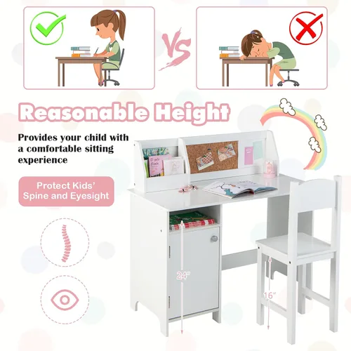 Miniatura 7 de Costzon Juego de escritorio y silla para niños, mesa de estudio de madera para niños con almacenamiento, gabinete, tablero de anuncios de corcho
