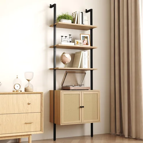 Miniatura 12 de Yusong Estantería alta de 73" con gabinete, estantería tipo escalera para montaje en pared con marco de madera y metal, estantería para plantas