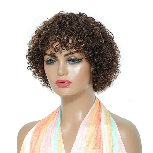 Miniatura 2 de Peluca de cabello humano rizado estilo Bob para mujeres negras, 150% de densidad, mezcla de castaño caoba, peluca corta sin pegamento por