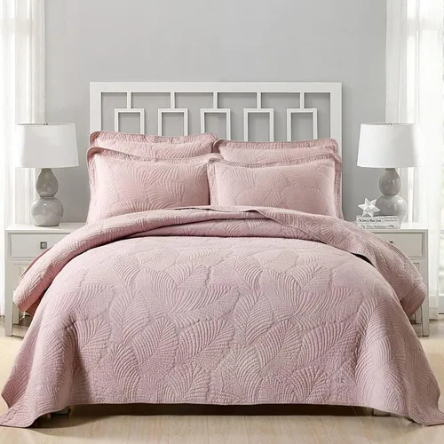 Miniatura 7 de vctops Juego de edredón de algodón con bordado de hojas de 3 piezas, colcha reversible ligera y reversible con 2 fundas de almohada para todas