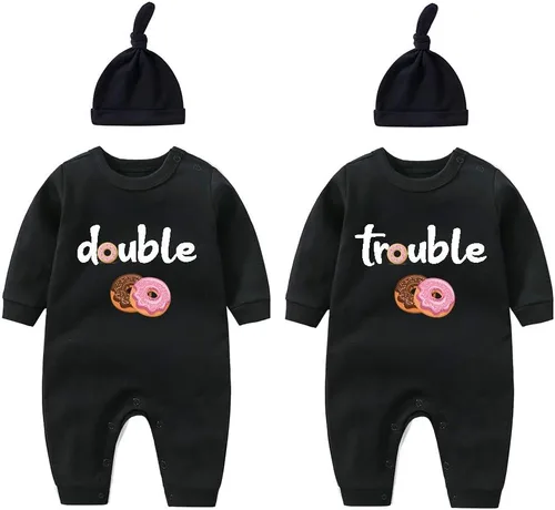 Miniatura 10 de YSCULBUTOL Conjunto de mameluco para bebé gemelos, divertido doble problema, lindo mameluco para niña, mono gemelo, conjunto de sombrero