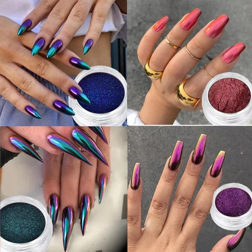 Juego de 4 piezas con efecto camaleón, purpurina en polvo, espejo, pigmento metálico, arte de uñas, esmalte de polvo cromado brillante, decoración