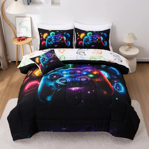 Miniatura 19 de Aimuan - Juego de ropa de cama para jugadores, conjuntos de edredón 3D con mando de juego para niños, botones de acción, controlador de juego Negro