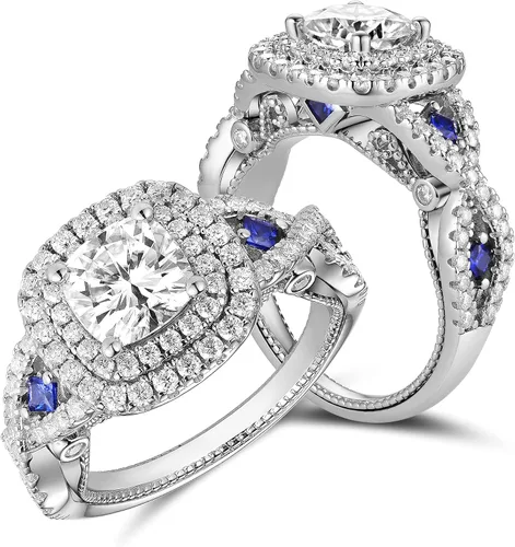 DovEggs 14k Gold QUALITY Silver Moissanite Engagement Rings for Women 2.82ctw Total Center 7X7mm GHI Color Cushion Cut Moissanite Vintage Engagement
