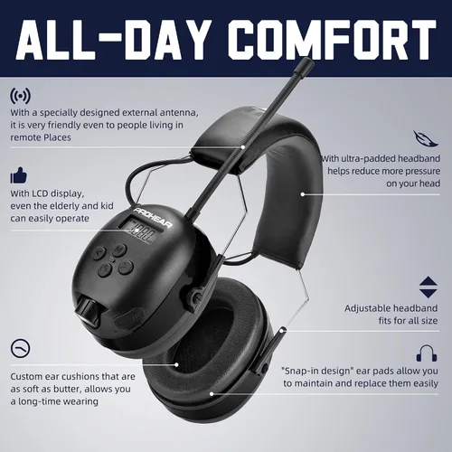 Miniatura 5 de PROHEAR 033 2.0 Auriculares Bluetooth de Protección Auditiva con Radio AM/FM - Orejeras de Reducción de Ruido 31 SNR, Batería Recargable de 50