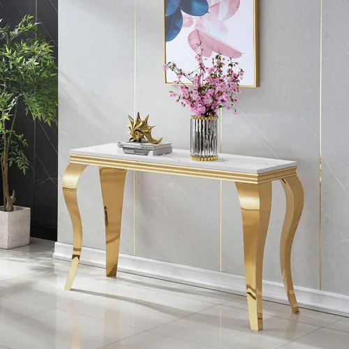 Miniatura 37 de SSLine Mesa de Centro Rectangular de Mármol Sintético para Sala de Estar, Mesa Central Moderna de Mármol Blanco de Lujo con Base Doble en Forma de U