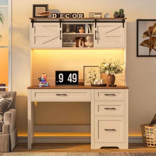 Miniatura 13 de Escritorio ejecutivo de granja de 67 pulgadas de alto con gabinete, mesa de oficina con luz LED y 4 cajones, escritorio para computadora