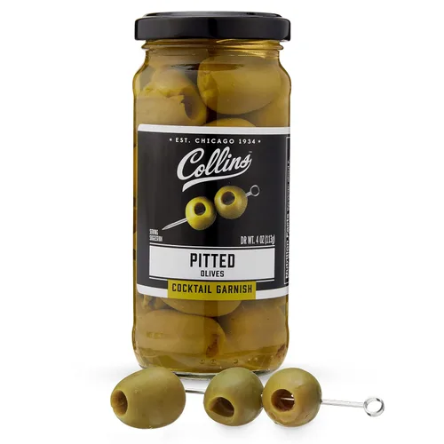 Collins Aceitunas sin hueso: guarnición popular para cócteles, martinis sucios, ensaladas, bandejas de queso, embutidos, aperitivos, 4 onzas