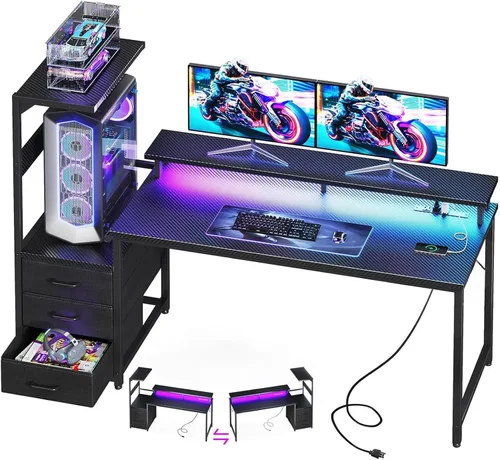 Miniatura 9 de Casaottima - Escritorio de 52 pulgadas para juegos con puertos de carga USB y luz LED - Escritorio reversible para computadora con 3 cajones