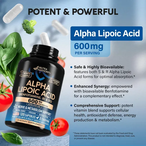 Miniatura 4 de Ácido Alfa Lipóico 600mg - Suplemento de ALA Antioxidante para el Apoyo a los Nervios, Energía y Metabolismo - Fuerza Extra con Benfotiamina, B1
