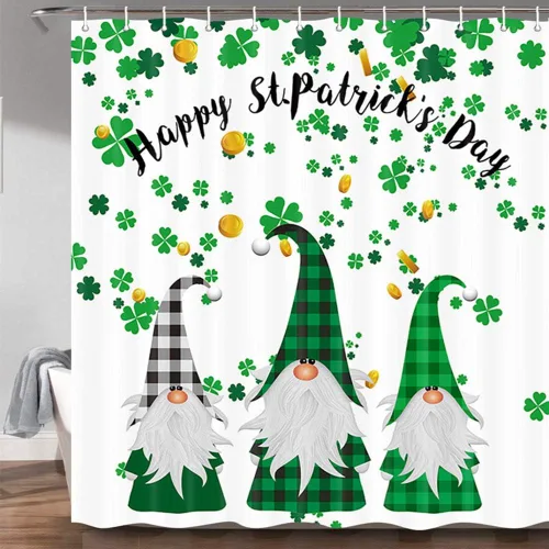 Miniatura 3 de MERCHR Cortina de ducha del día de San Patricio, trébol verde, hoja de trébol, diseño de elfo irlandés, gnomo irlandés, tela decorativa a cuadros