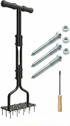 Aireador de césped con 15 picos más gruesos, aireador manual de césped para el cuidado del patio, incluye 3 picos de repuesto, mango en forma de U