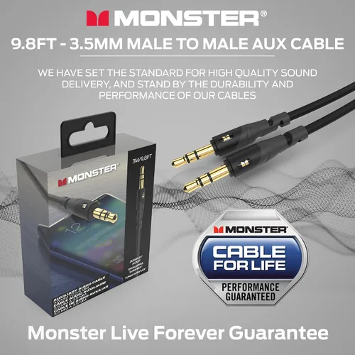 Miniatura 6 de Monster Gen1 Essentials - Cable de audio macho a macho, cable auxiliar de 9.8 pies con chaqueta Duraflex, conectores chapados en oro, cable auxiliar