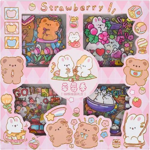 Miniatura 9 de Adhesivos de osos de dibujos animados kawaii lindos - 100 hojas, conejo transparente, suministros de PET para diario, calcomanías para calendario