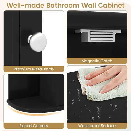 Miniatura 8 de Tangkula Botiquín de baño con espejo, almacenamiento para el hogar montado en la pared con puerta y 6 estantes abiertos, estantes ajustables, Negro