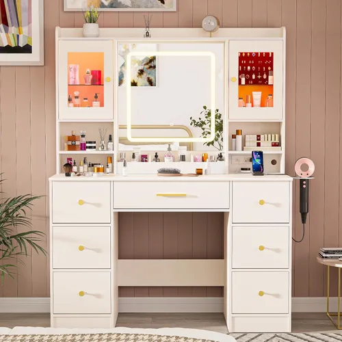 Miniatura 12 de LAKEMID Escritorio de tocador blanco con espejo y luces, mesa de tocador de maquillaje con salida y 8 cajones, escritorio de maquillaje con luces