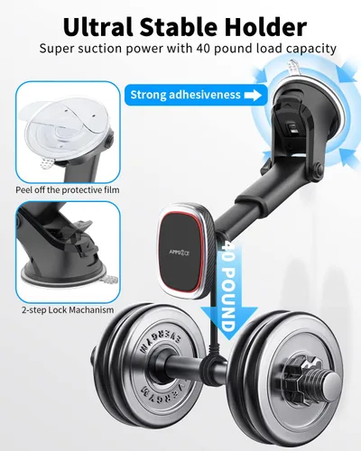 Miniatura 3 de APPS2Car Soporte magnético para teléfono, con ventosa para parabrisas de tablero de instrumentos con 6 imanes fuertes, brazo telescópico ajustable