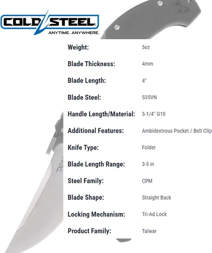 Miniatura 6 de Cold Steel Talwar S35VN - Cuchillo táctico plegable de bolsillo con hoja ultra afilada de acero, mango G10, para uso diario, con mecanismo
