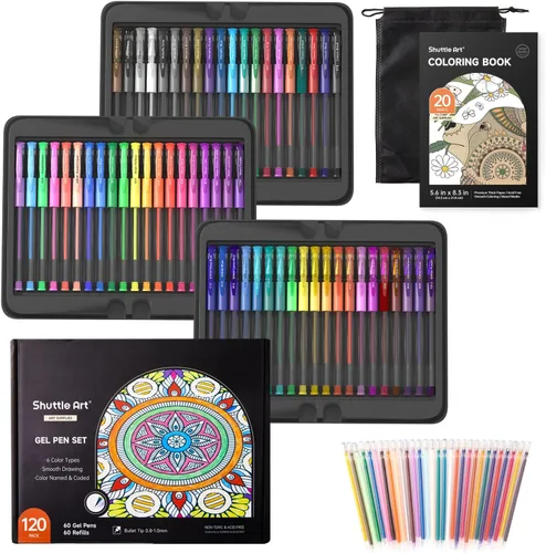 Shuttle Art Bolígrafos de gel, paquete de 120 bolígrafos de gel empaquetados en caja resistente, 60 colores únicos con 60 recambios para adultos, 60