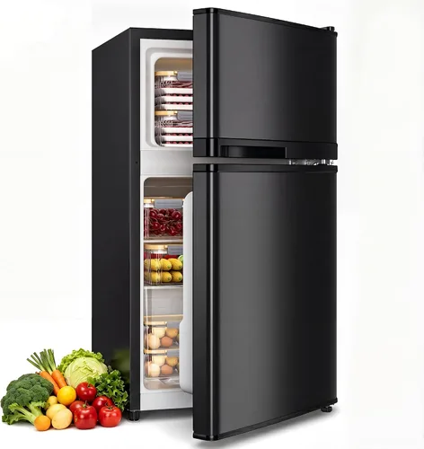 Tehanld - Refrigerador de doble puerta con congelador, 3.55 pies cúbicos, refrigerador pequeño con congelador, 7 ajustes de temperatura ajustable,