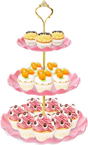 Miniatura 10 de BACUTHY Soporte para magdalenas de 3 niveles, toalla de soporte para pastel de plástico con bandeja de servicio escalonada para magdalenas, donuts