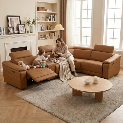 Miniatura 13 de Sofá Seccional Reclinable Eléctrico, Juego de Muebles de Sala en Forma de L, Sofá de Cuero Marrón Claro, Sofá Seccional Reclinable con Consola