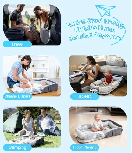 Miniatura 6 de Tumbona para bebé, tumbona portátil plegable de viaje para recién nacido de 0 a 12 meses, lavable y ligera, nido para bebé con toldo, nido de bebé
