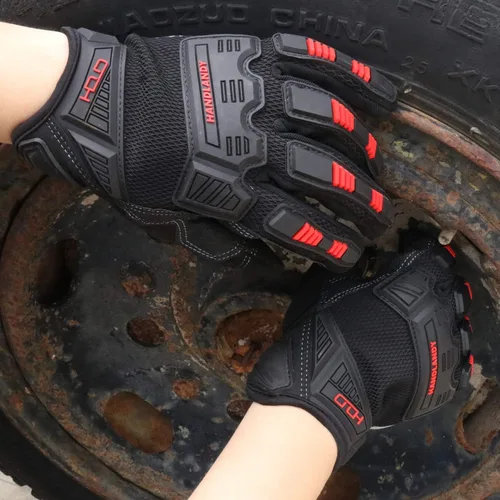 Miniatura 5 de HANDLANDY Mens Work Gloves Touch screen, Utility Mechanic Gloves, Flexible Breathable Fit- Padded Knuckles & Palm Negro rojo