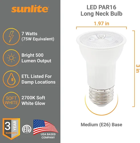 Miniatura 2 de Sunlite Foco LED PAR16 empotrable de cuello largo, 7 vatios, (reemplazo halógeno de 75 W), 500 lúmenes, base mediana (E26), regulable, certificación