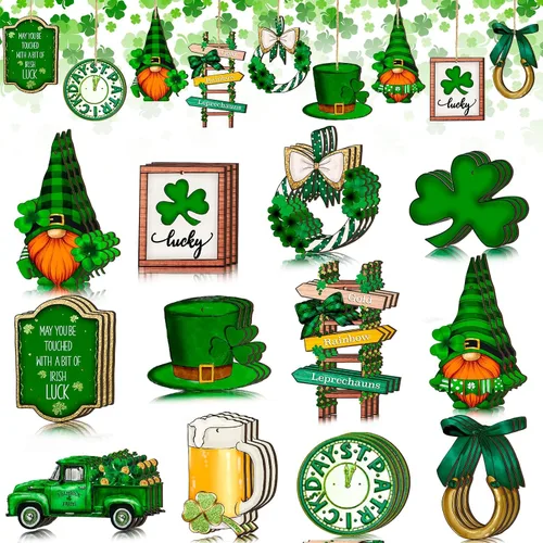 Miniatura 13 de Spiareal 36 piezas Adornos de día de San Patricio en madera, adorno colgante de trébol verde, gnomo verde, camión, recorte de madera, decoración