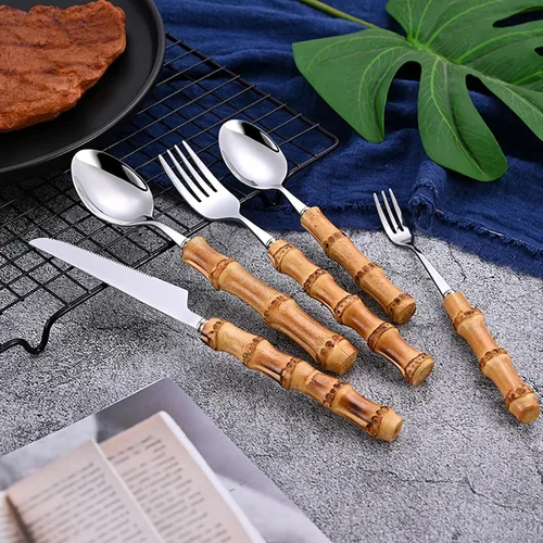 Juego de cubiertos de bambú para 4, 20 piezas de cubiertos de acero inoxidable 18/8, juego de cubiertos de mango de bambú natural, utensilios de