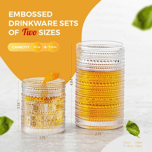 Miniatura 3 de Hobnail - Juego de 12 vasos para beber, vasos vintage de 11.8 oz y juego de vasos de cóctel de 10 oz, vasos de vidrio en relieve para cocina