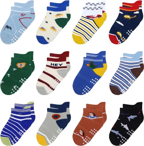 Miniatura 21 de 12 paquetes de calcetines antideslizantes para niños y bebés con agarres, 1-7 años, calcetines de algodón para tobillo para niños y niñas