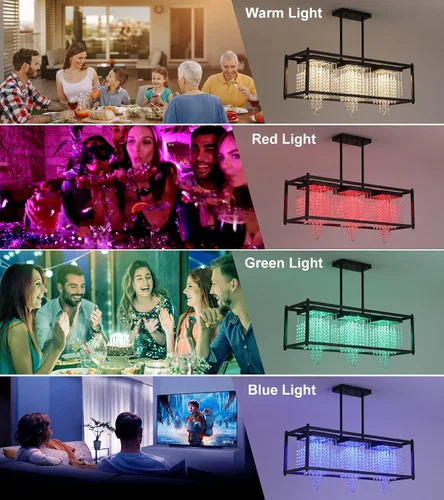 Miniatura 2 de MEIXISUE Candelabros modernos de cristal K9 RGB LED Rectango, lámparas de araña para comedor, sala de estar, cocina, isla de 33.86 pulgadas de largo