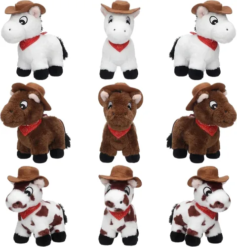 Miniatura 8 de Paquete de 9 animales de peluche de 4 pulgadas, mini juguete de peluche de pie con sombrero de vaquero y bandana, cadena desmontable para decoración