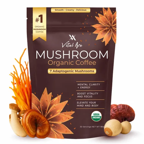Café de hongos con 7 hongos adaptogénicos | Energía mejorada orgánica del USDA, enfoque e inmunidad con Cordyceps, Reishi, Shiitake, melena de león