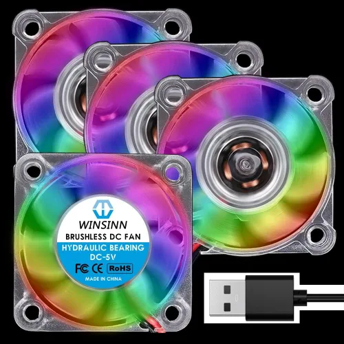WINSINN Ventilador USB RGB de 1.575 in de 5 V, impresora 3D colorida LED Micro 5 voltios ventiladores 4010 rodamiento hidráulico, refrigeración sin