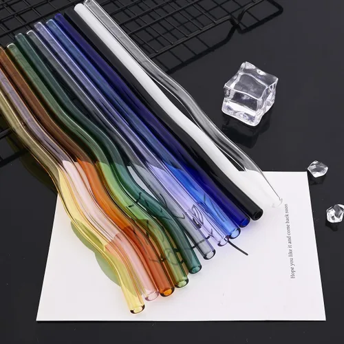 Miniatura 7 de JASHII Pajitas de vidrio onduladas incoloras, 8 pajitas de vidrio reutilizables de 7.87 x 0.31 pulgadas con bolsa negra, multicolor para beber